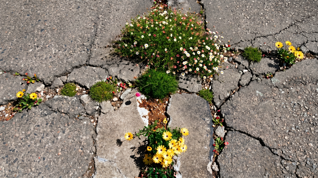 Das Bild zeigt eine asphaltierte Straße mit Rissen, aus denen Blumen wachsen.