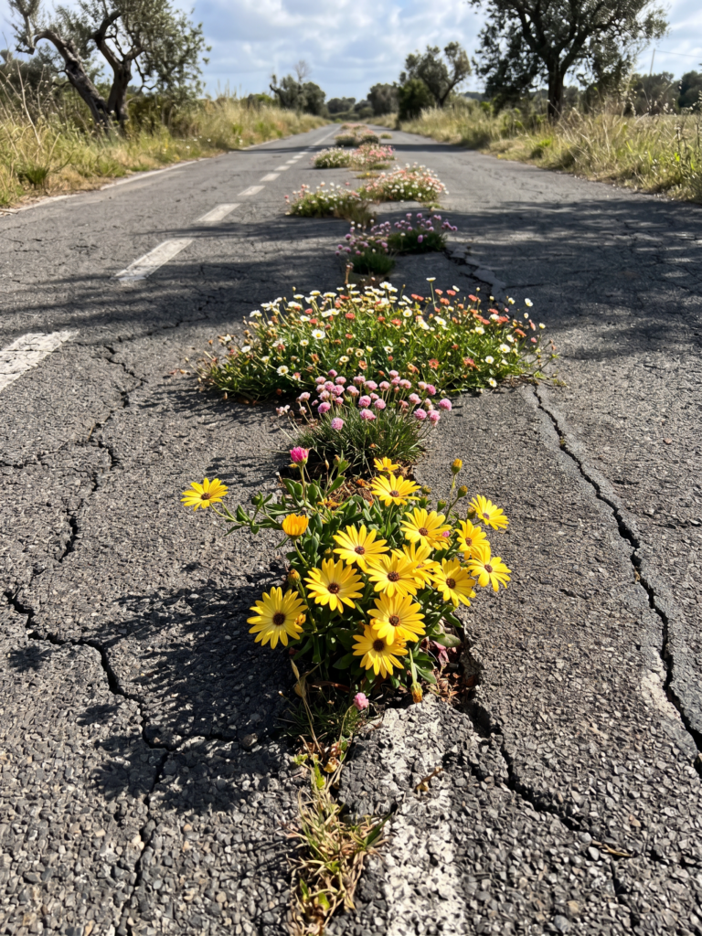 Bild zeigt eine Straße, in deren Mitte Blumen durch den Asphalt brechen