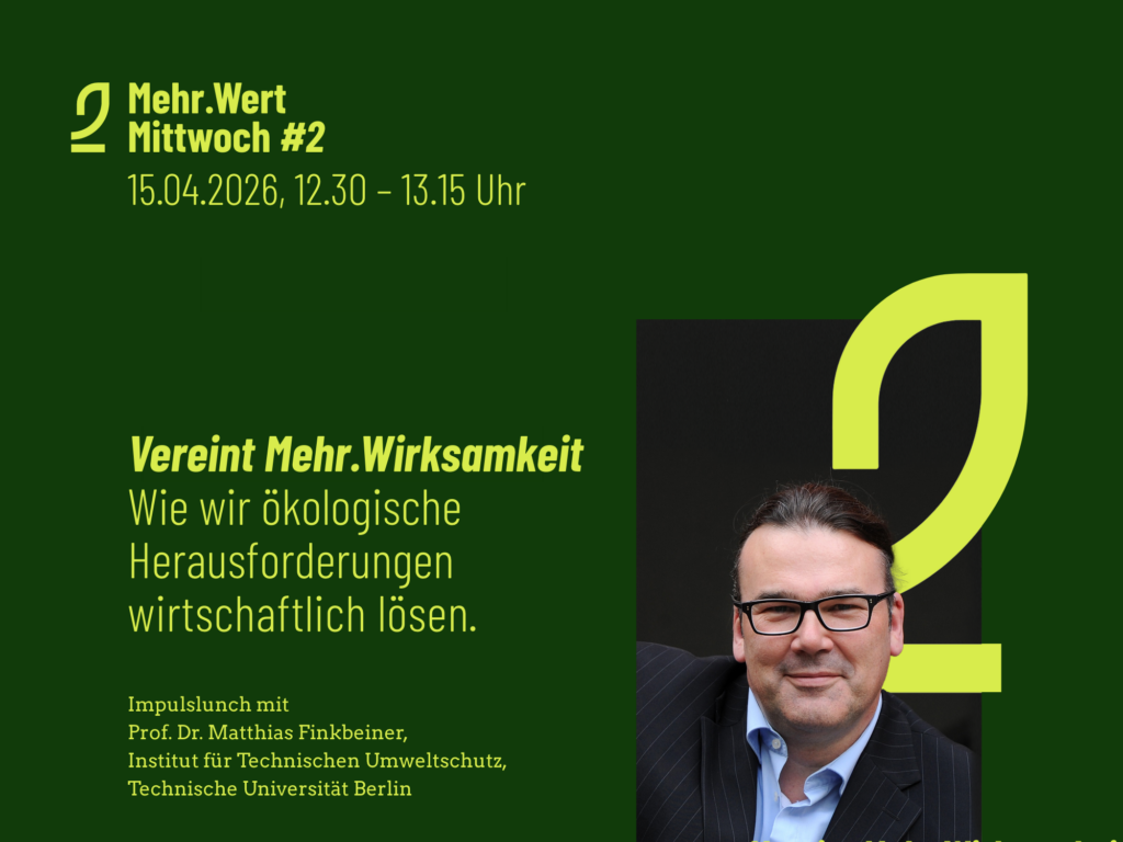 Bild bewirbt die Veranstaltung Mehr.Wert-Mittwoch. Die Fotografie zeigt den Referenten Prof. Dr. Matthias Finkbeiner